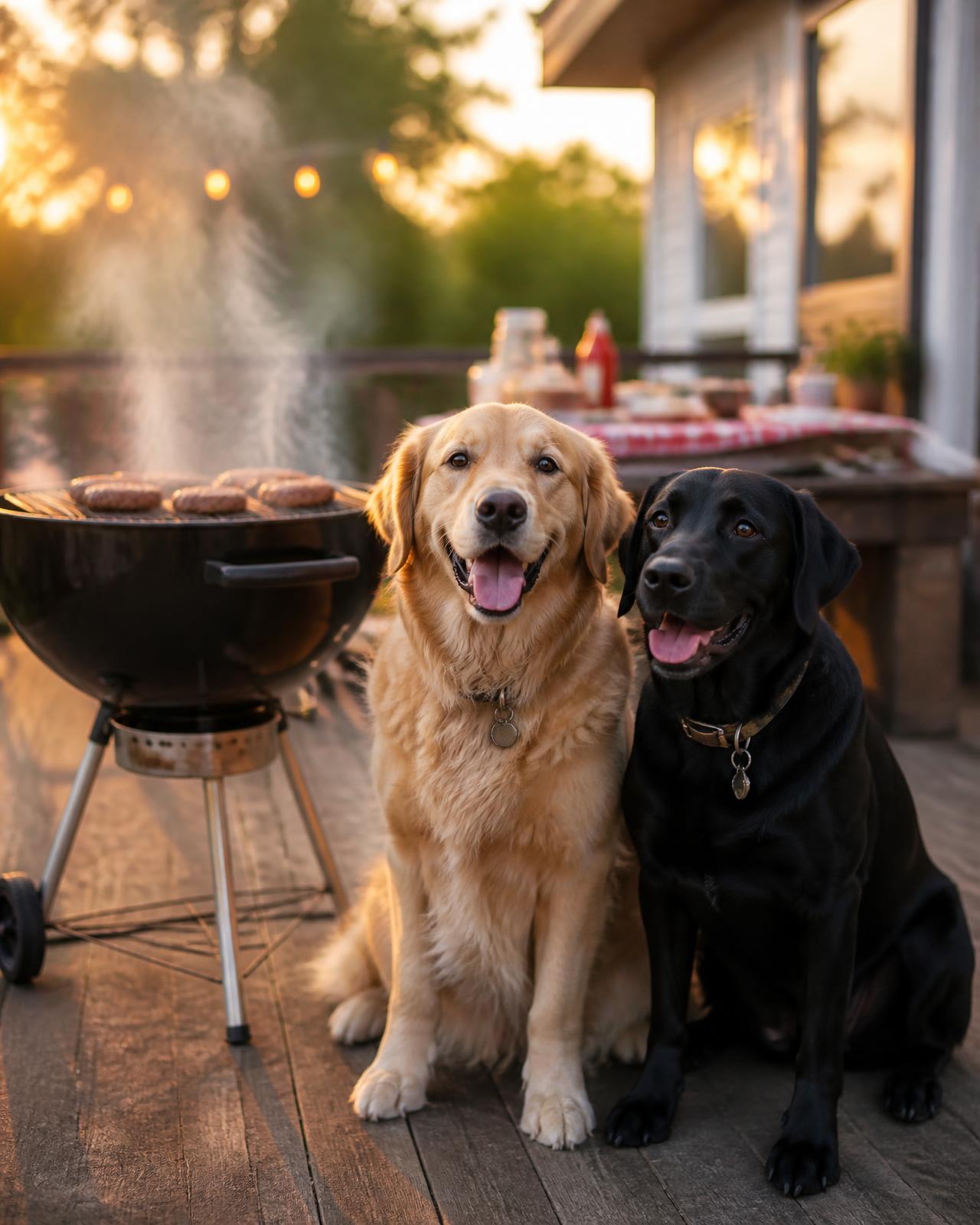 Two dogs beside a smoking charcoal grill at golden hour